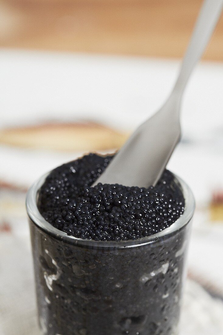 Lumpfish caviar in a glass with a spoon