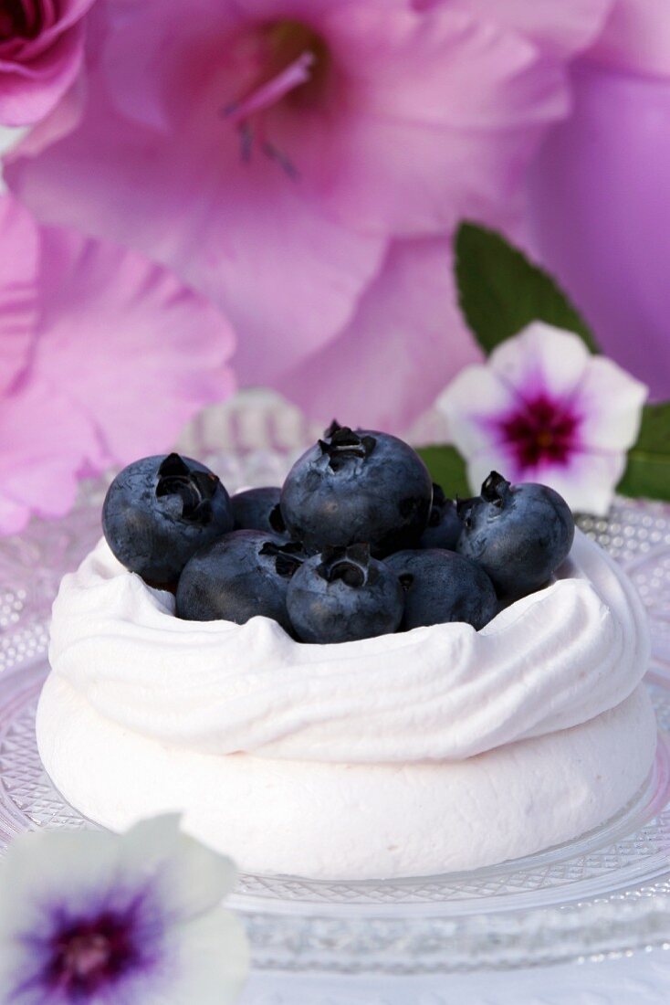 A meringue nest filled with blueberries