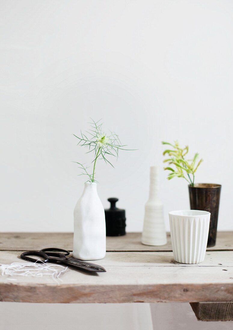 weiße und schwarze Vasen mit einzelnen Zweigen (Nigella Damascena) auf rustikalem Holztisch mit minimalistischem Flair