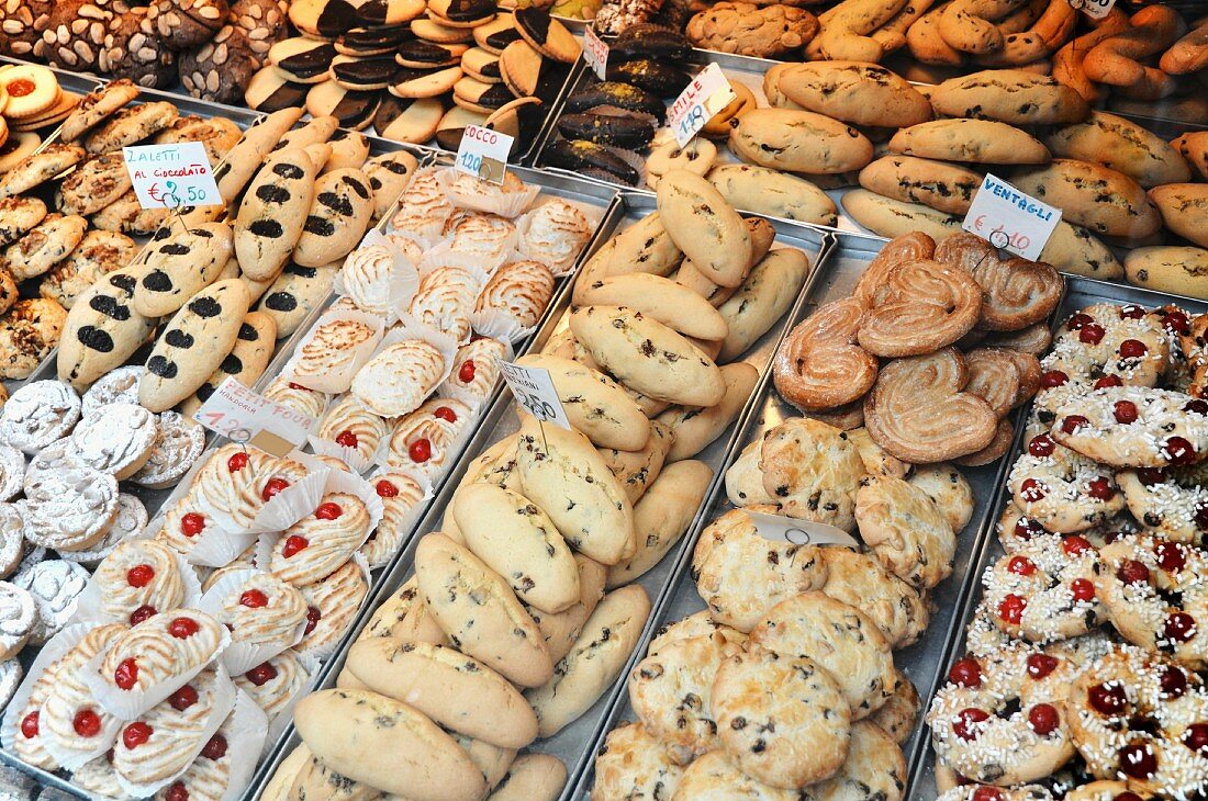 Dolci on display in a bakers (Italy)
