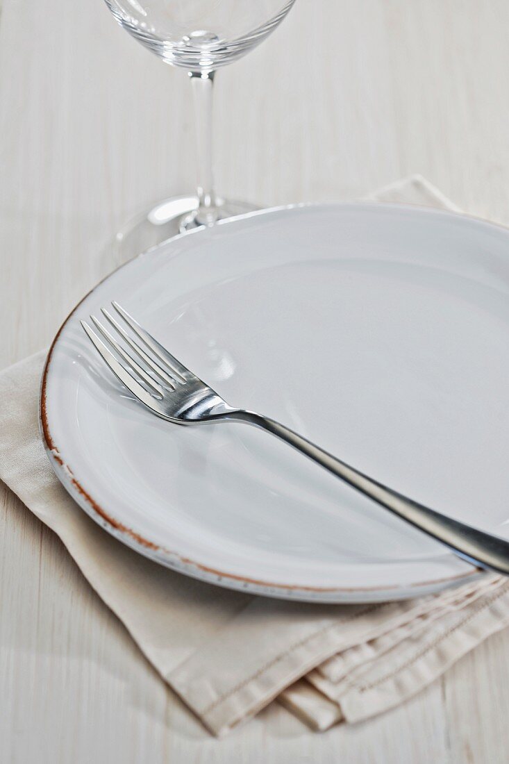 A place setting with a plate, a fork, a wine glass and a napkin