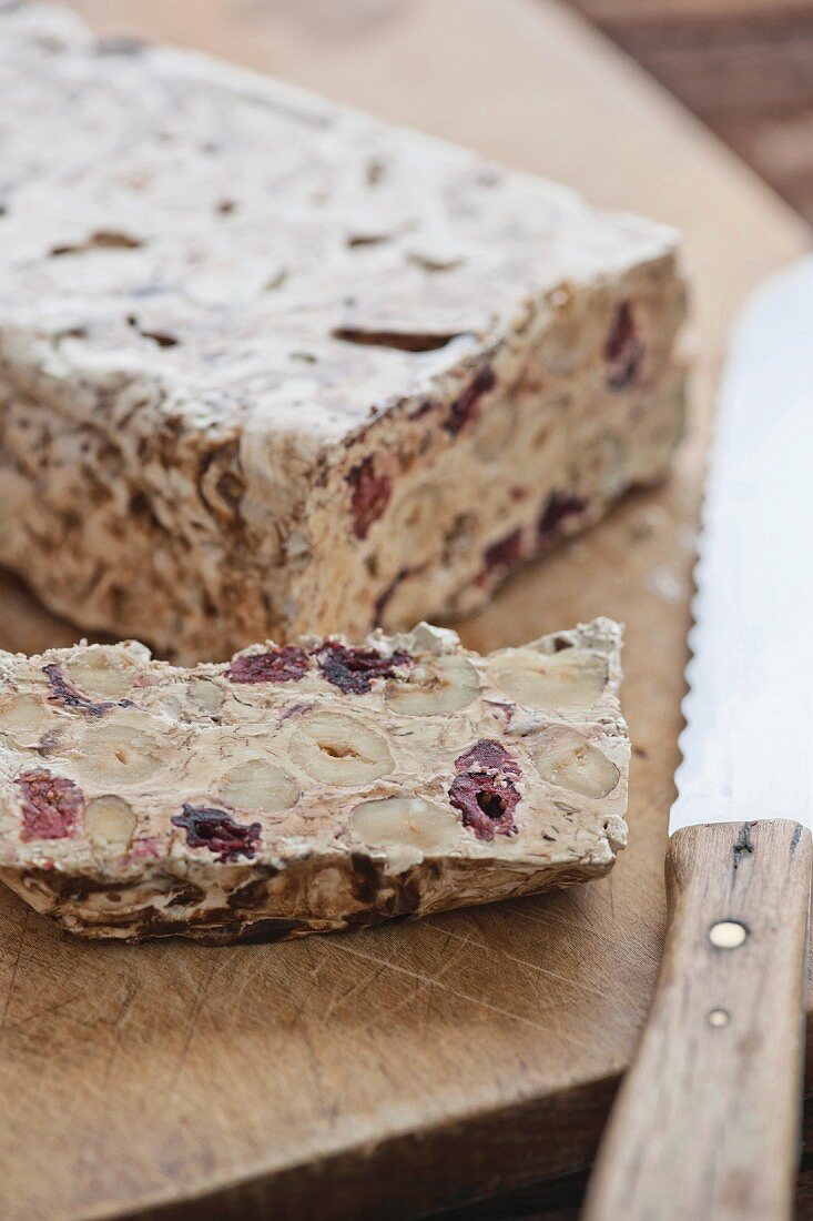 Torrone with hazelnuts and dried cherries