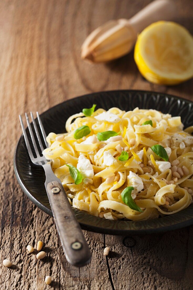 Tagliatelle with feta, lemon and basil