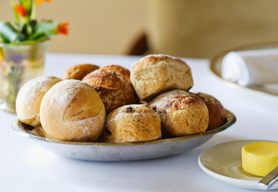Bread rolls and biscuits in a breadbasket