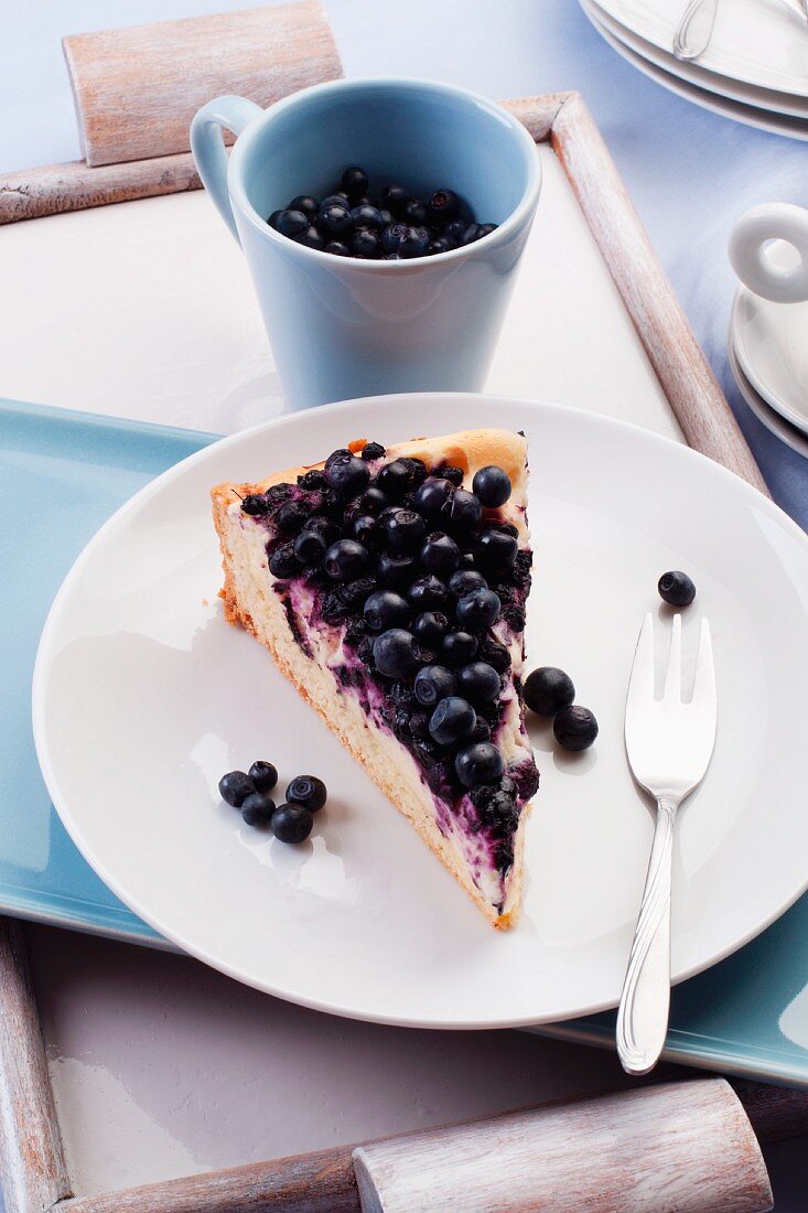 A slice of blueberry cheesecake