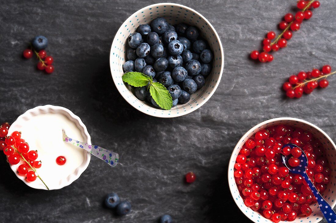 Frische Blaubeeren und rote Johannisbeeren in Schalen