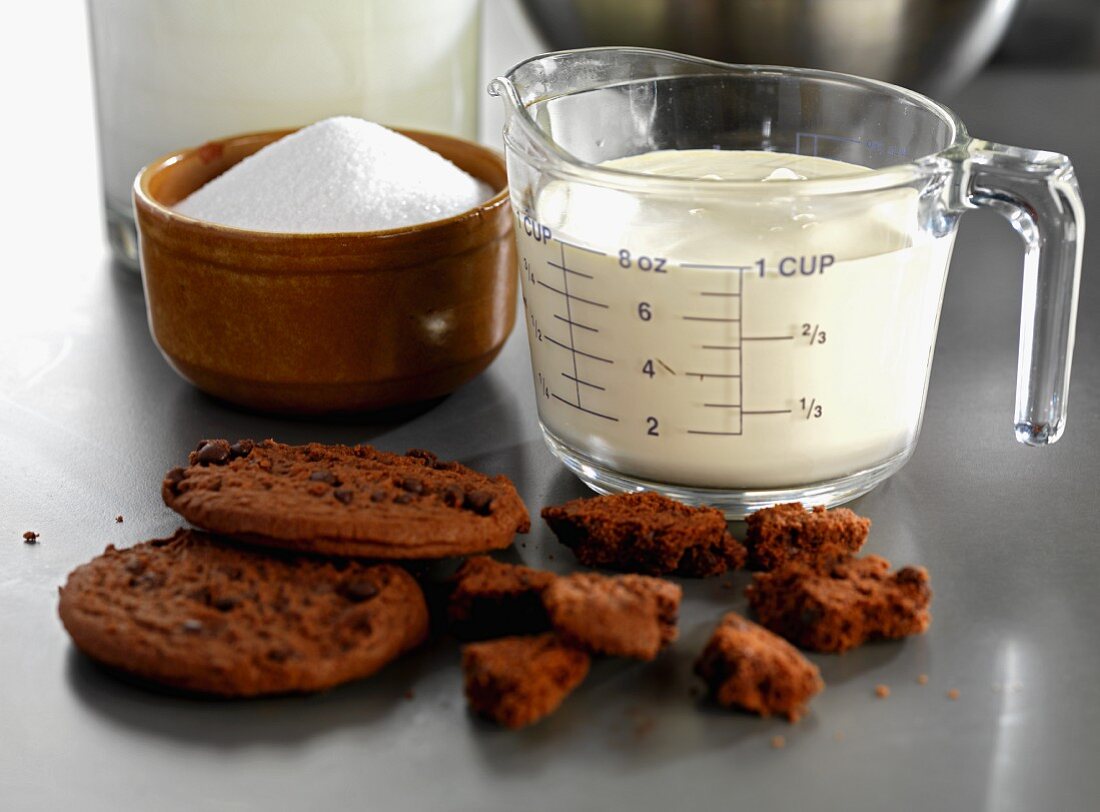 Ingredients for making chocolate chip cookie ice cream