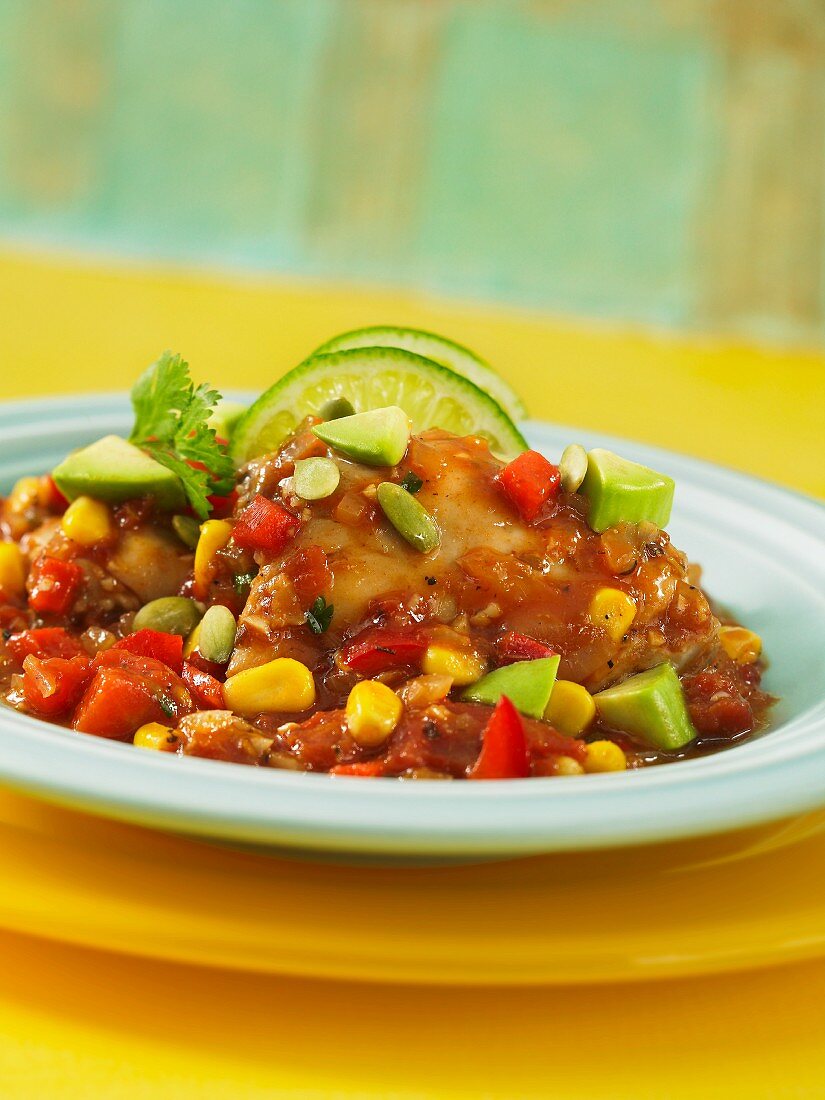 Chicken stew with sweetcorn and avocado