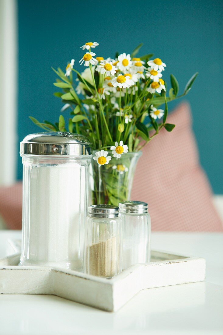 Arrangement of sugar, salt and pepper shakers and posy of chamomile on white table