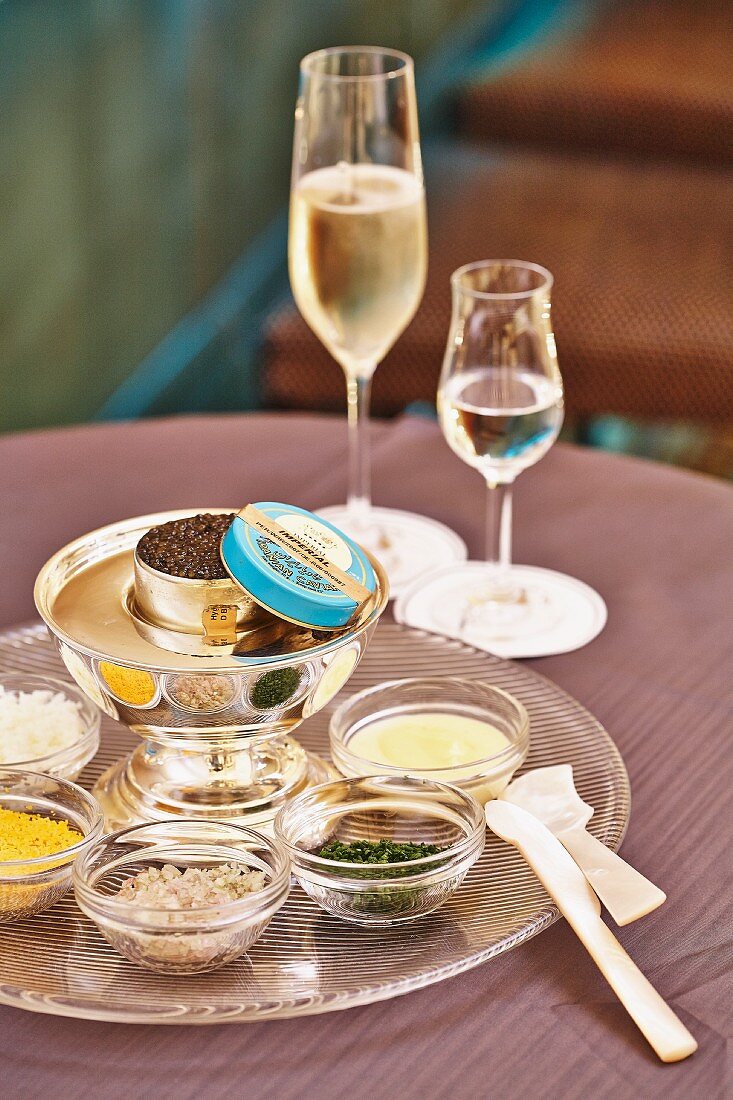 Caviar and champagne in a restaurant