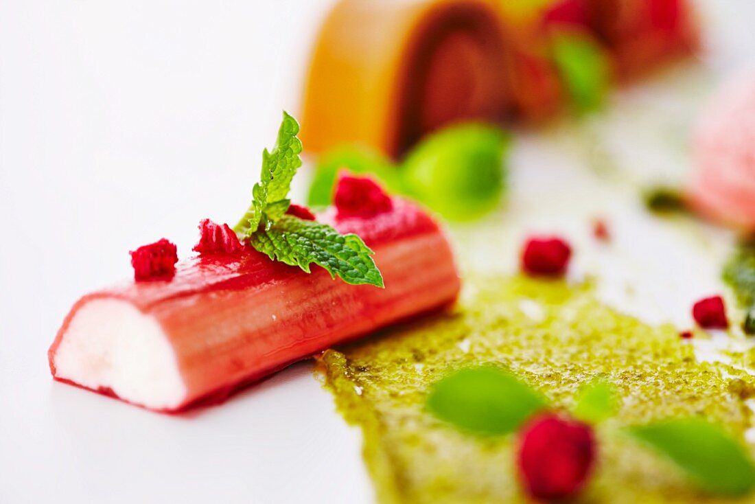 Rhubarb with pistachio cream and mint