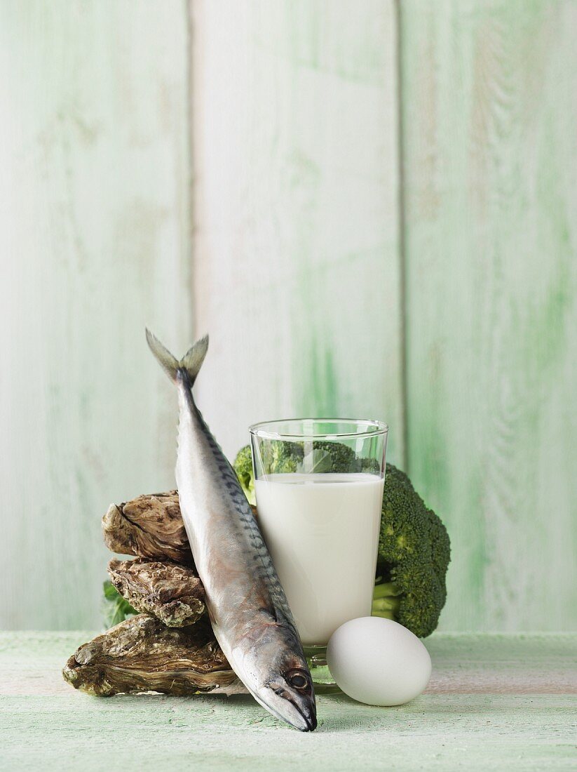 Stillleben mit Austern, Makrele, Milch, Ei und Brokkoli