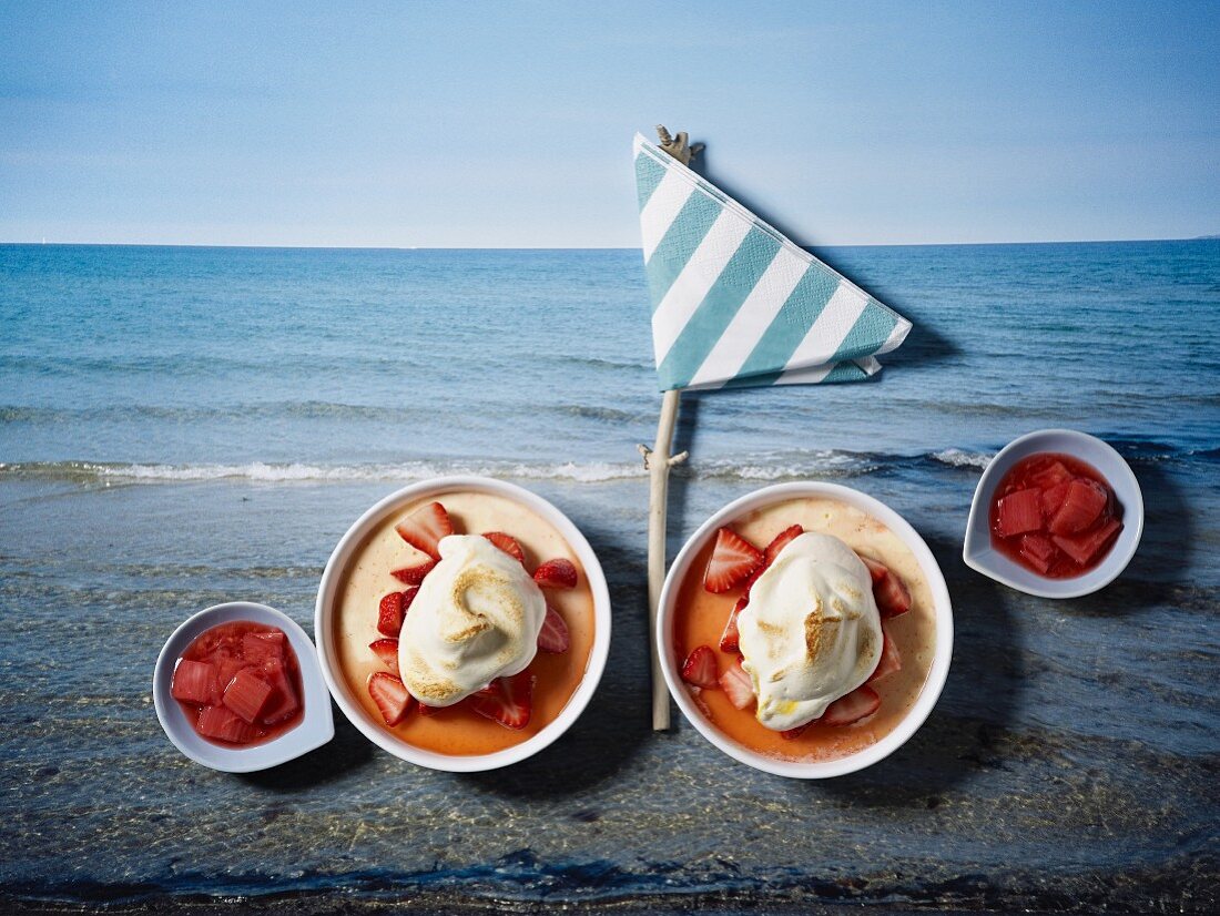 Gratinated elderberry parfait with strawberries and rhubarb