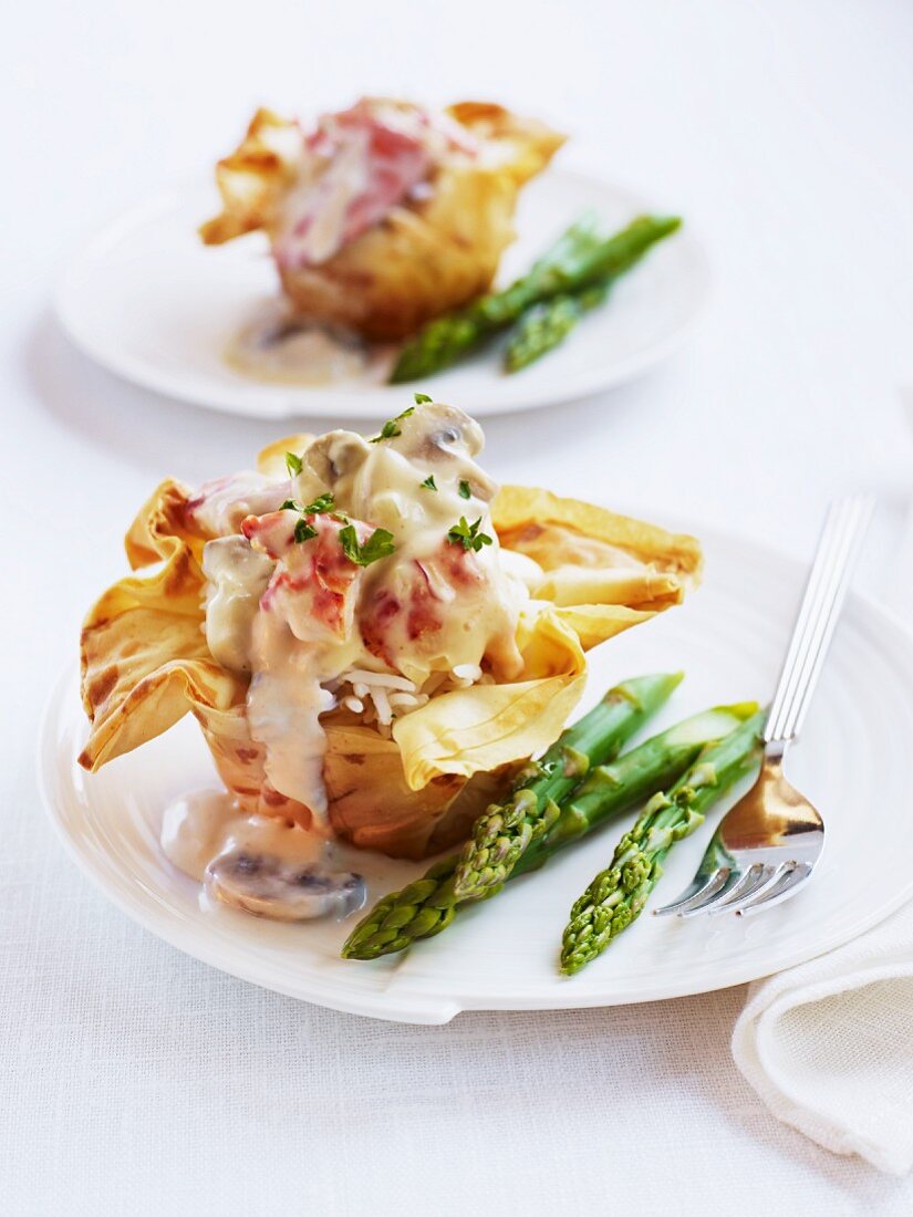 Lobster in mushroom sauce on a bed of rice served in a yufka pastry basket