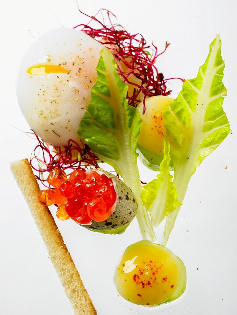 A poached egg with beetroot sprouts and lettuce leaves, a dollop of mayonnaise and a quail's egg shell filled with salmon caviar