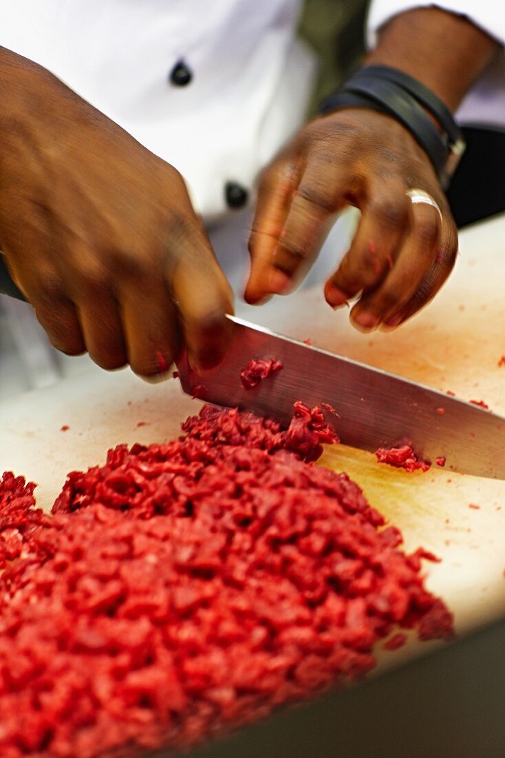 Beef being chopped