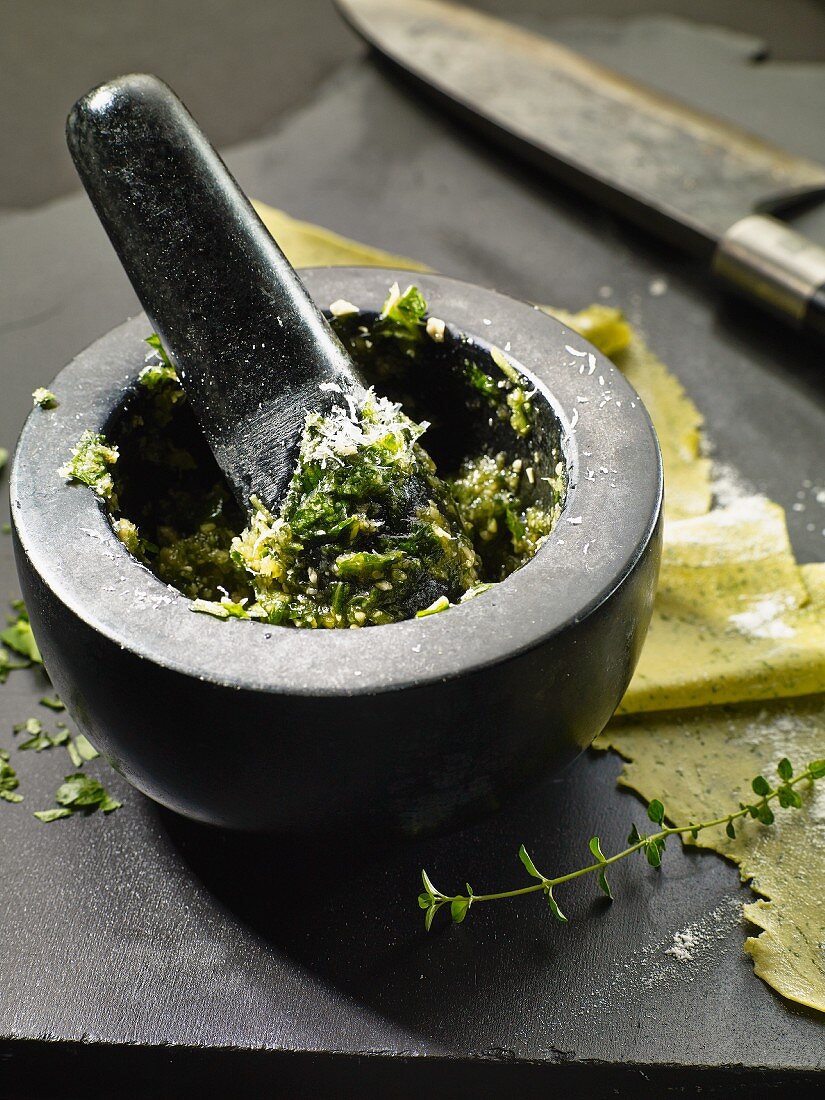 Ramsons (wild garlic) pesto in mortar