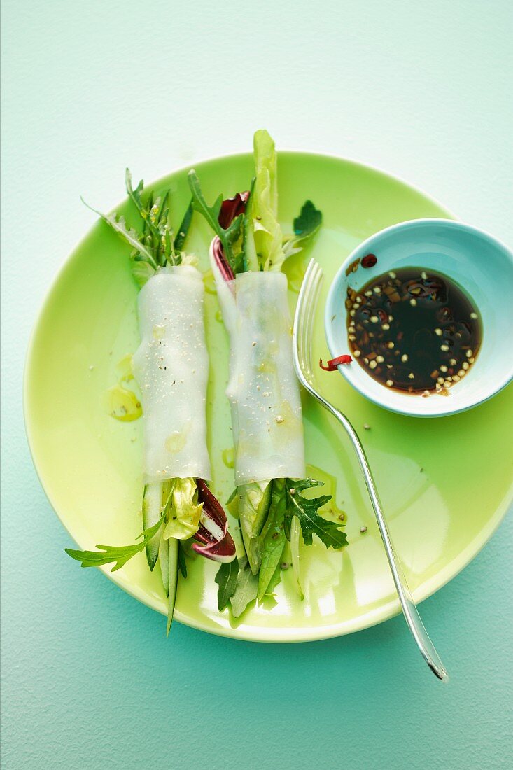 Rice paper rolls with lettuces, cucumber and soy sauce