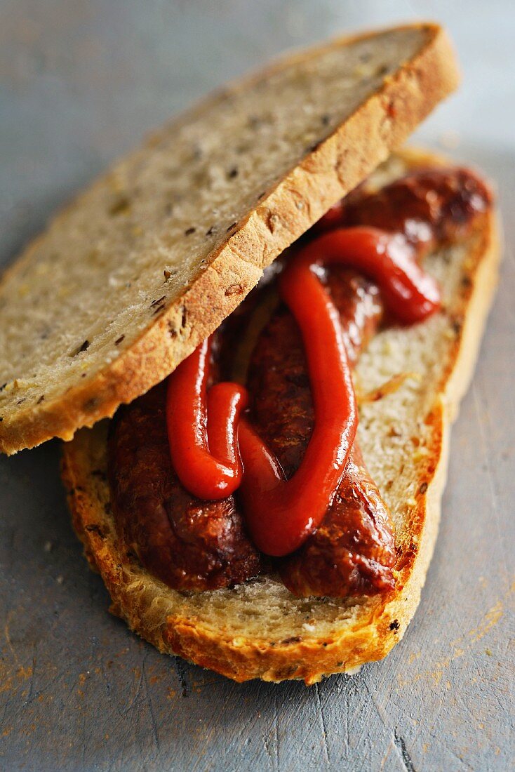 Rustikales Sandwich mit Salami und Ketchup
