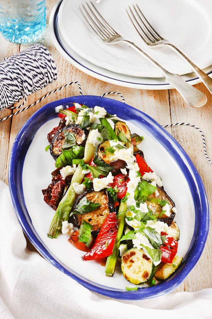 Grilled vegetable salad with sheep's cheese