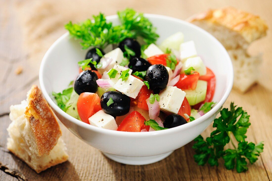 Greek salad with black olives and feta cheese