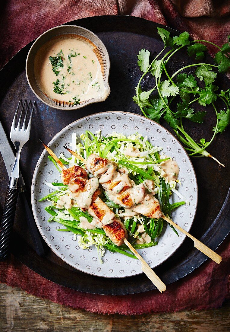 Gemüsesalat mit Hähnchen-Satespiessen (Asien)