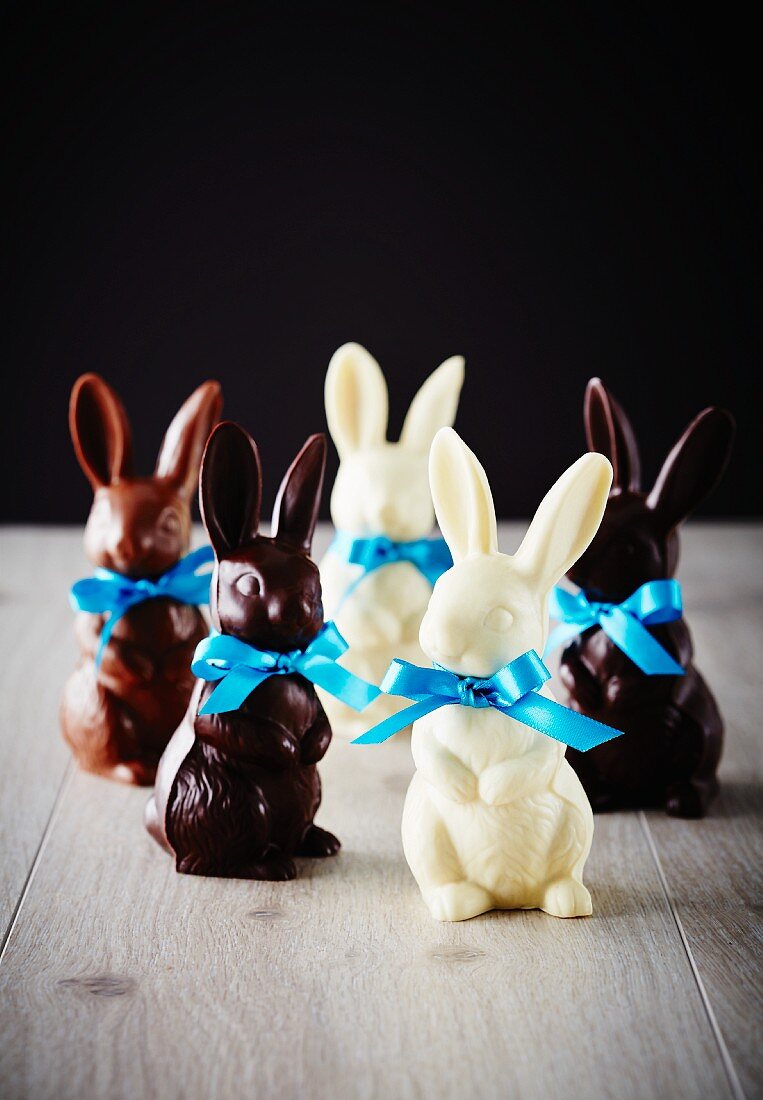 Chocolate Easter bunnies with blue bows