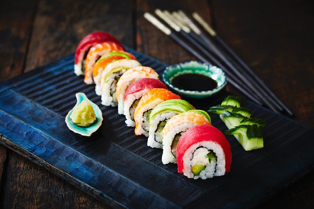 Sushi rolls with wasabi and soy sauce (Japan)