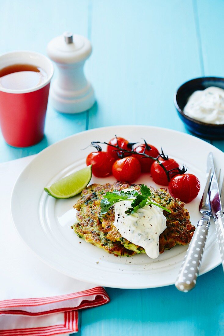 Courgette cake with herb quark and cherry tomatoes