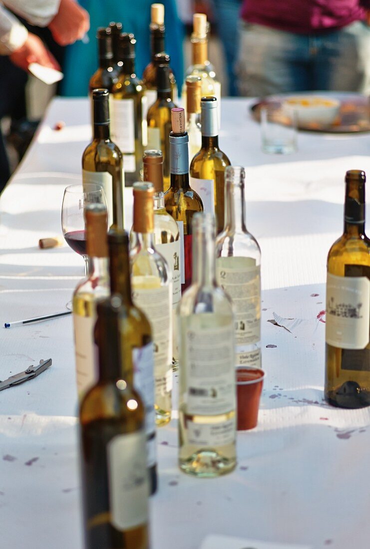 Leere Weinflaschen auf abgeräumten Tisch (Portugal)