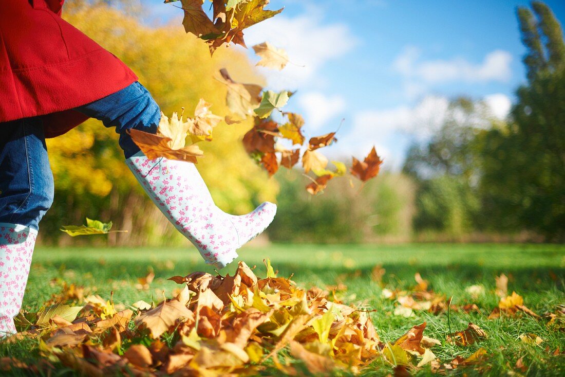 Child playing in bright autumn leaves