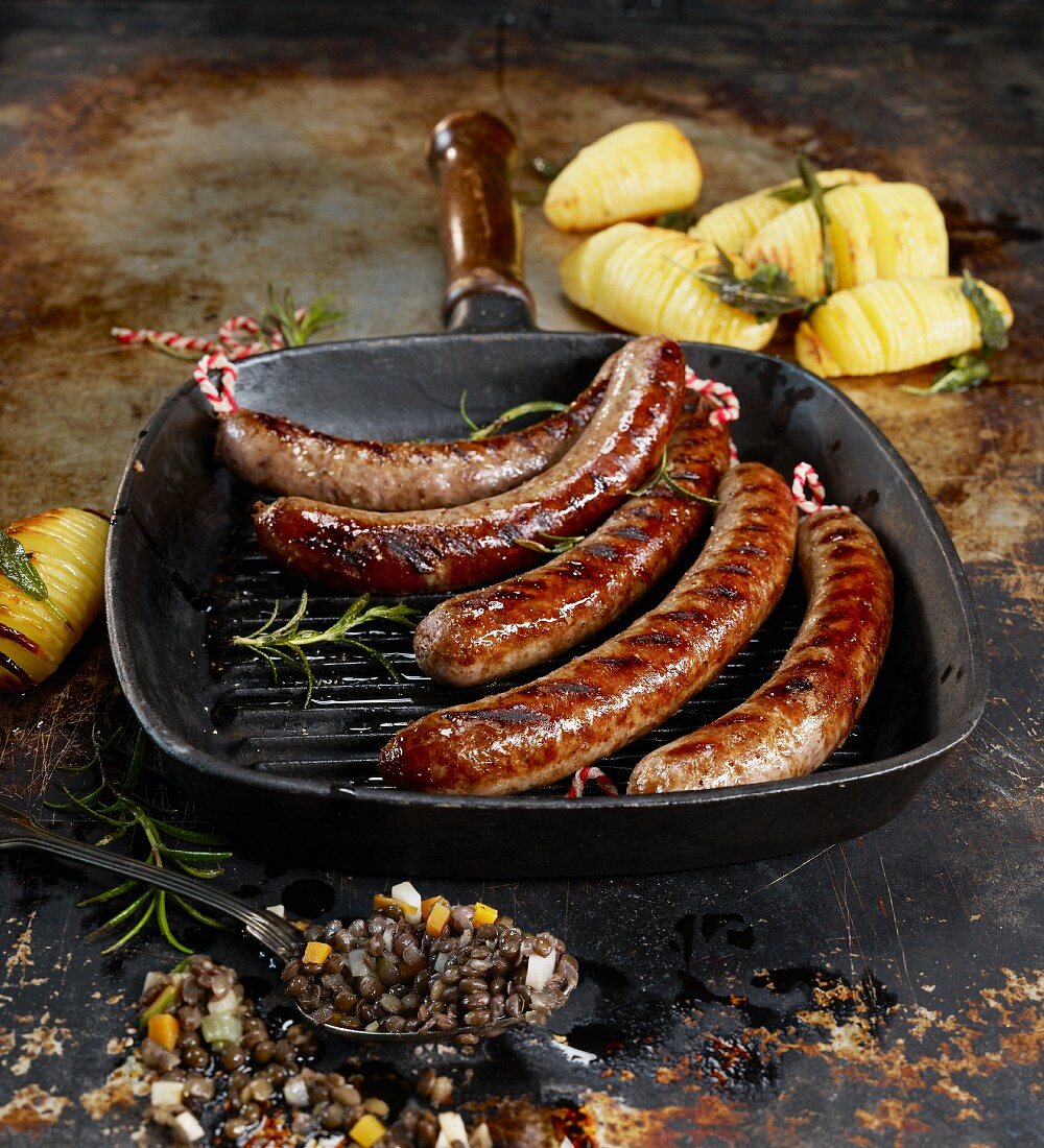 Wild duck sausages with a lentil salad and Swedish potatoes