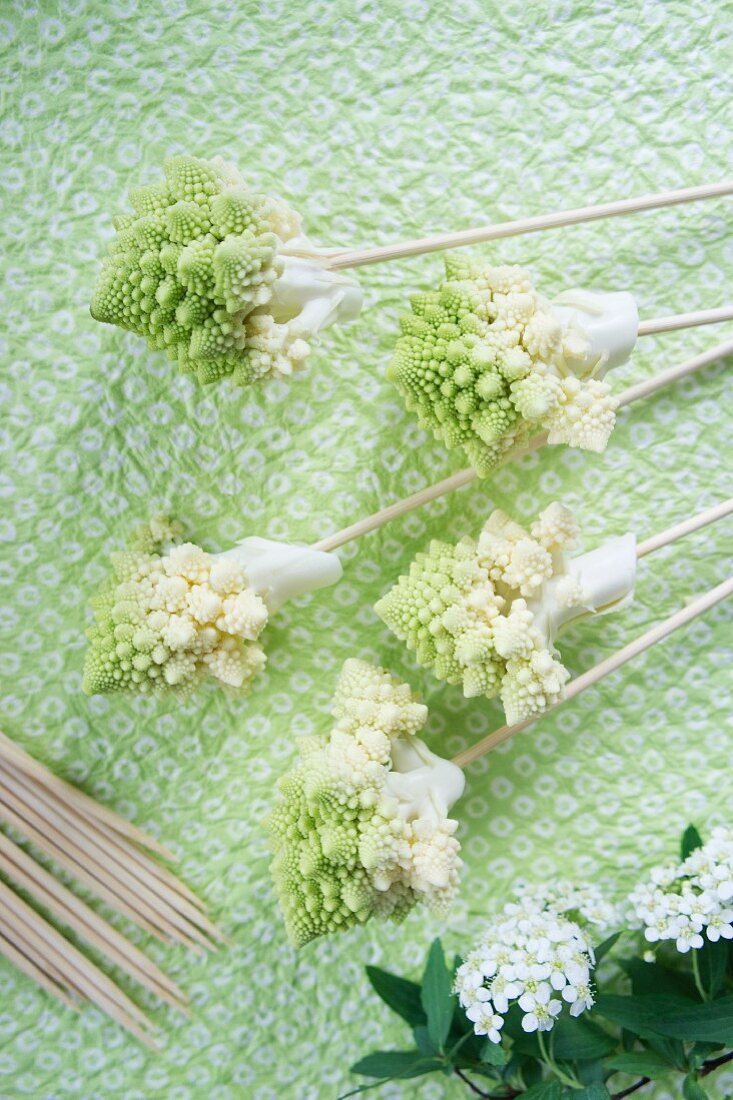 Romanesco cauliflower florets on skewers