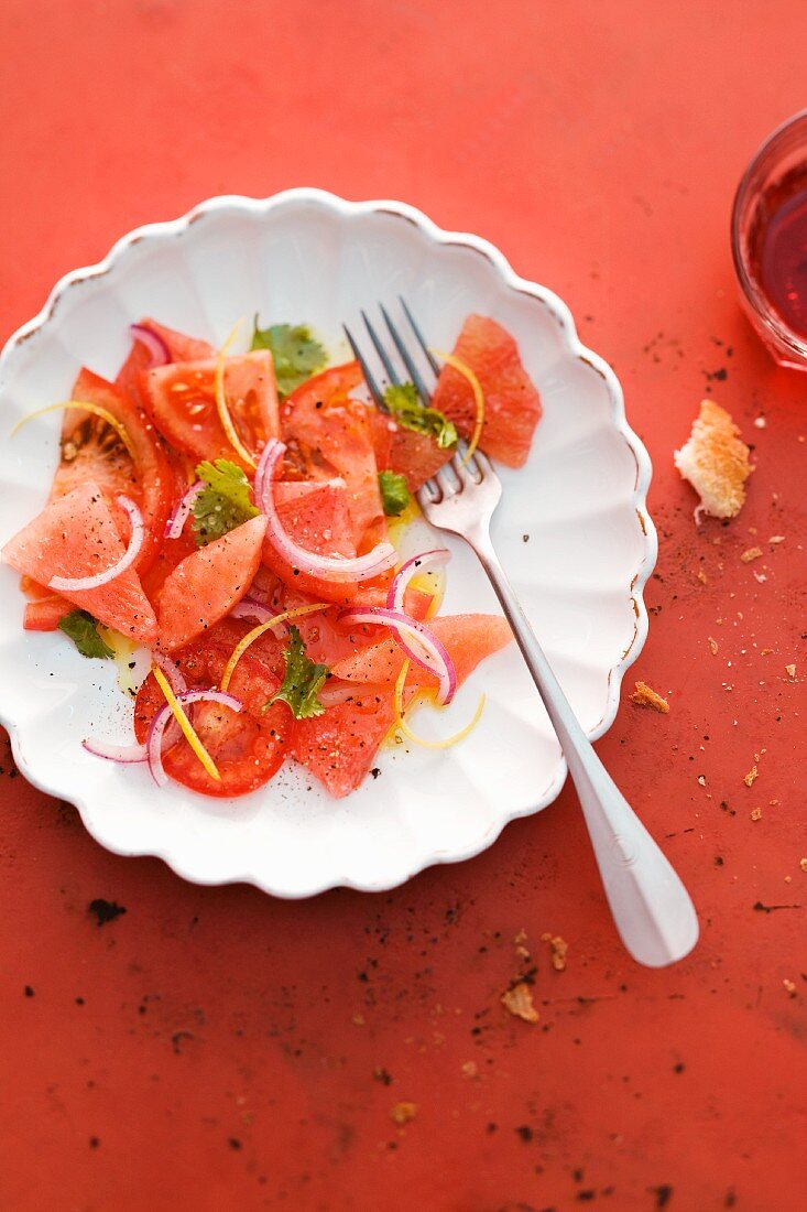 Tomato, grapefruit and watermelon salad