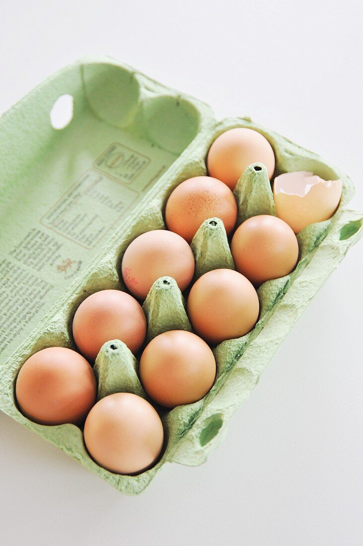 Ten eggs in an egg box