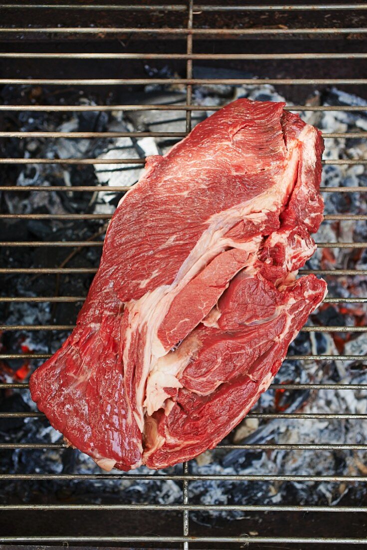 Beef steak on a grill (seen from above)