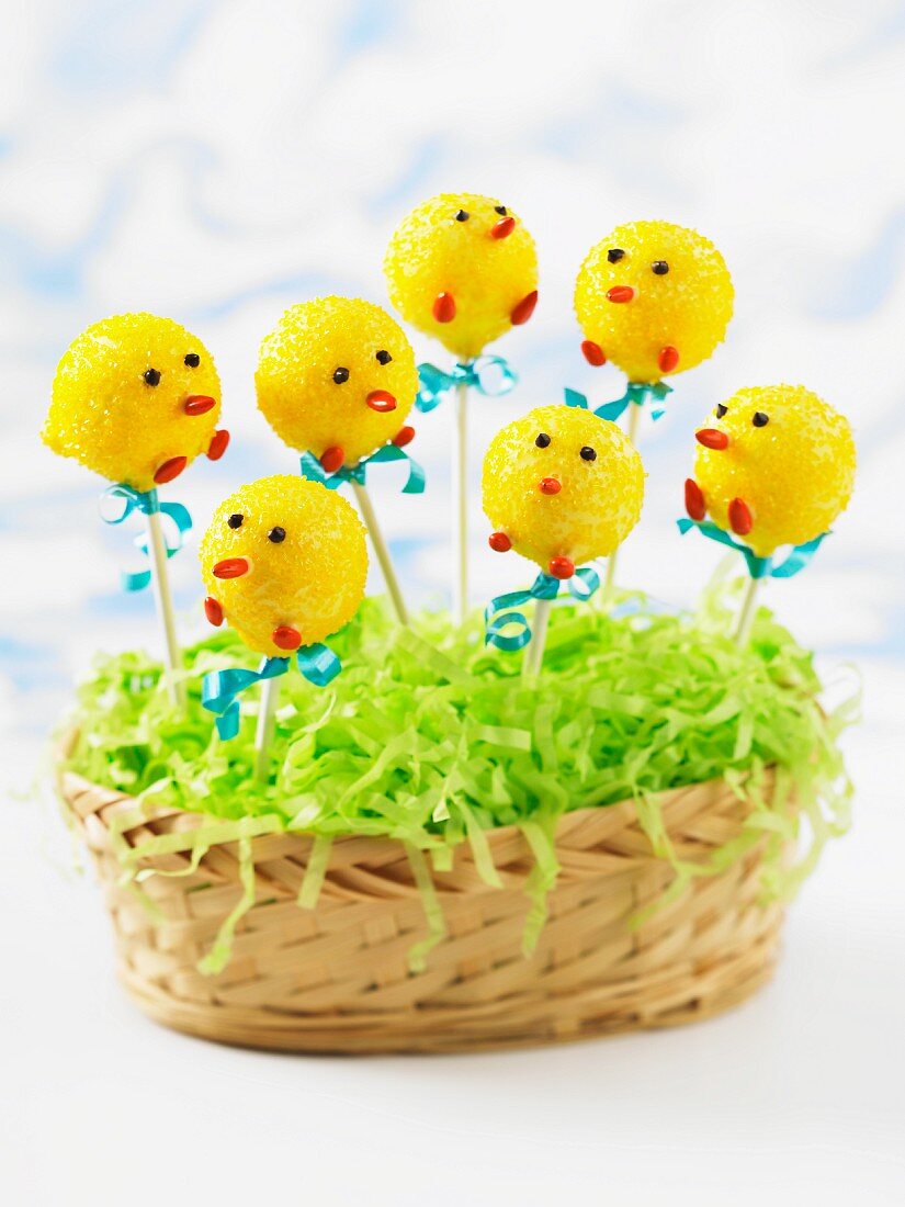 Easter chick cake pops in an Easter nest