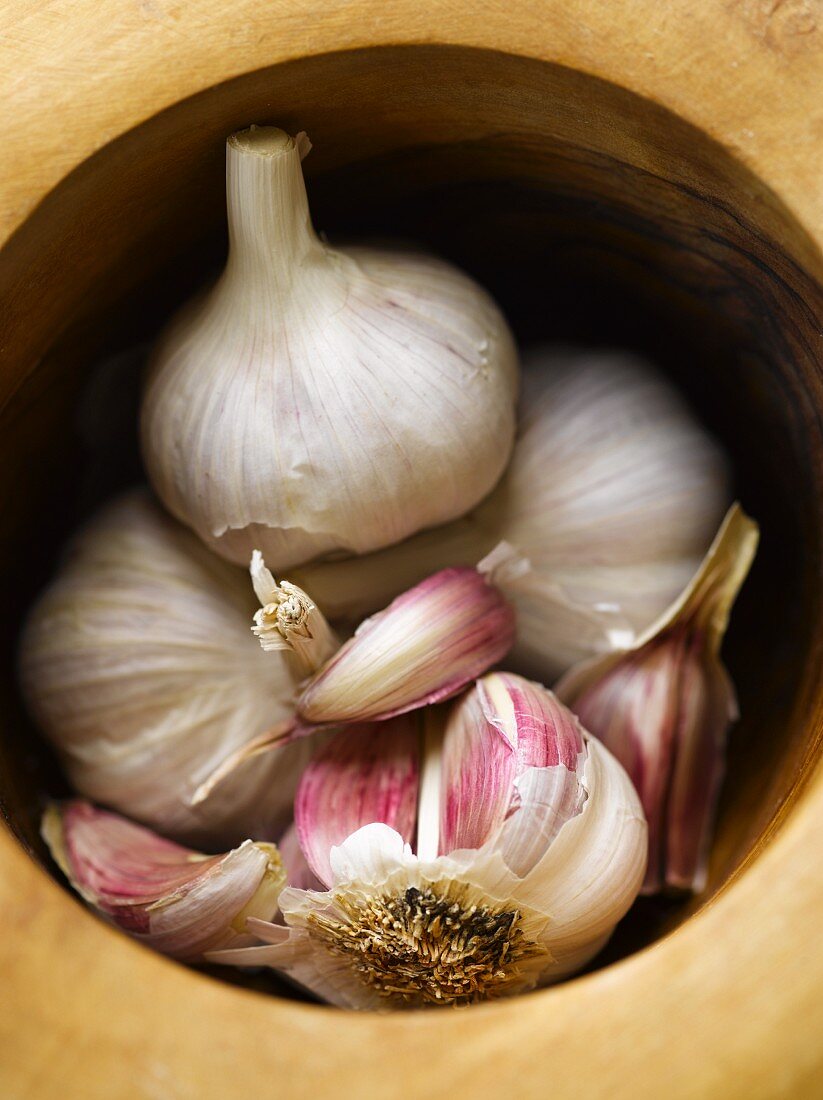 Garlic in a mortar (close-up)