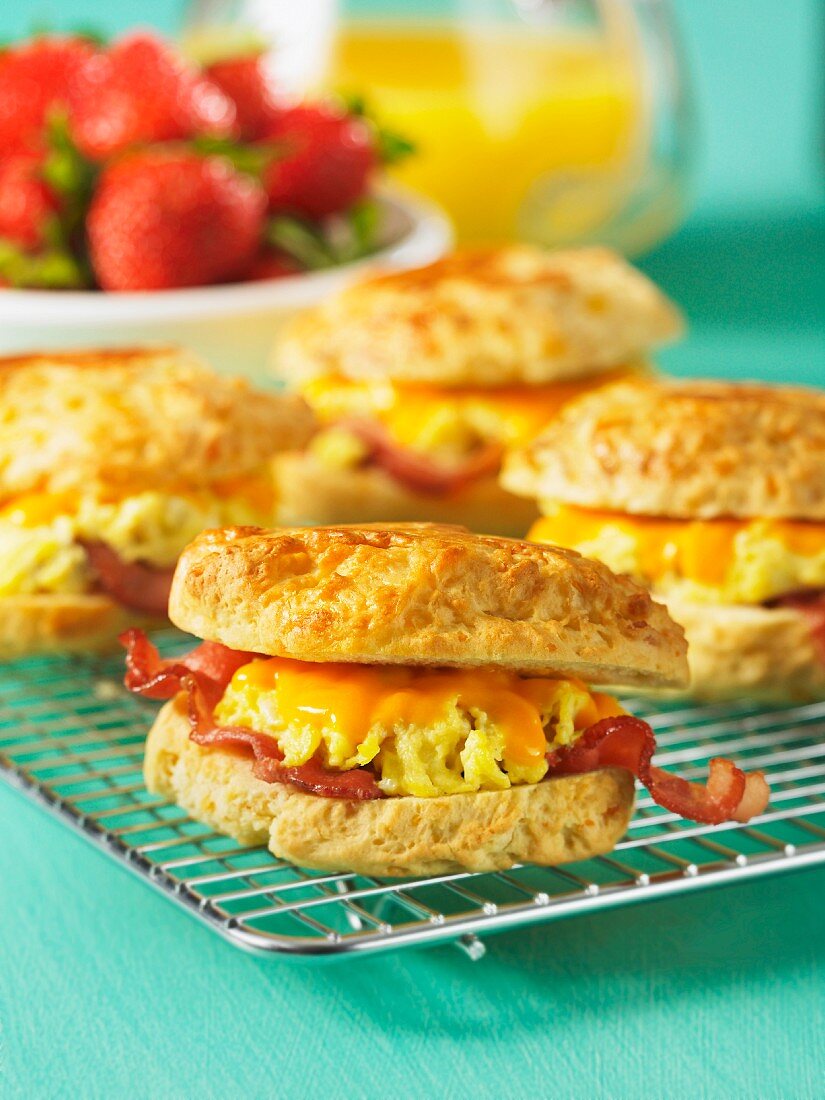 American biscuits filled with scrambled eggs, Cheddar cheese and bacon