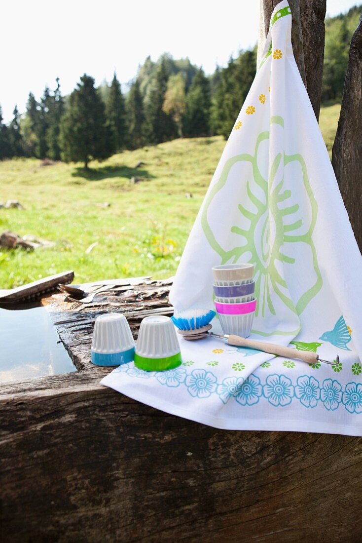 White pudding cups with edges in various neon colours and tea towel on weathered wooden block in Alpine landscape