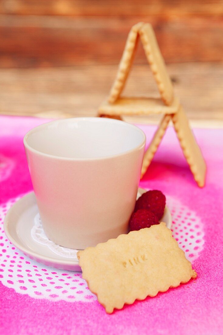 Keks neben weisser Tasse mit Untertasse auf pink gespraytem Tortenspitzen als Platzset