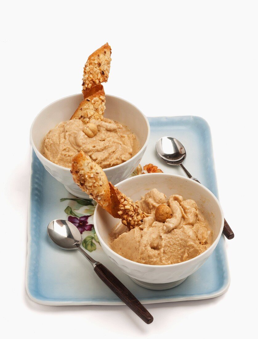 Hazelnut ice cream with wafer spirals