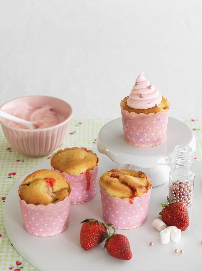 Strawberry marshmallow cupcakes decorated with sugar pearls