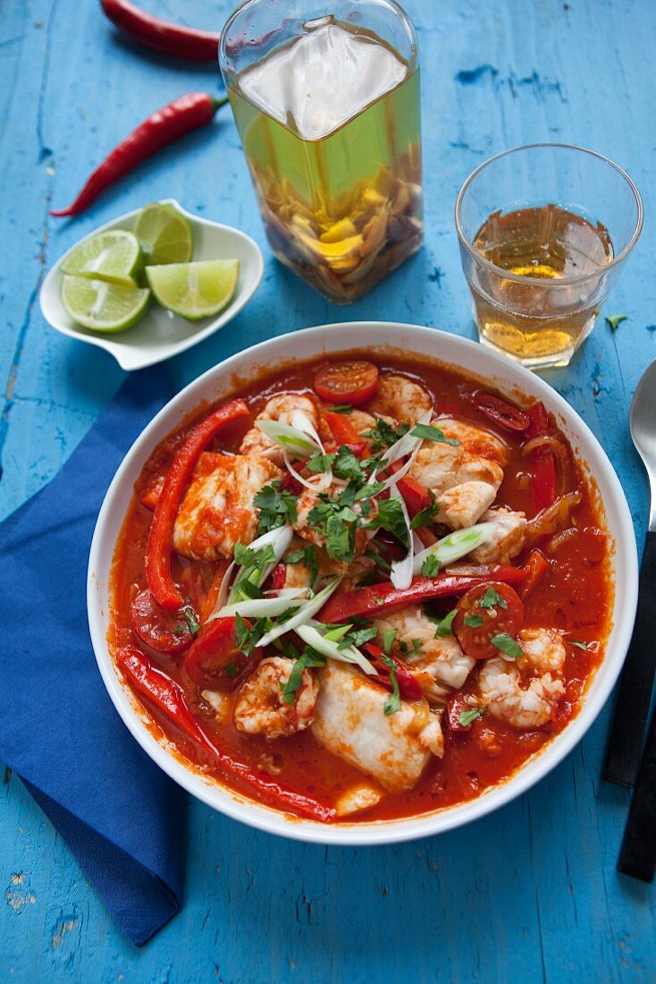 Moqueca (fish stew, Brazil) with tomatoes, pepper and chillis