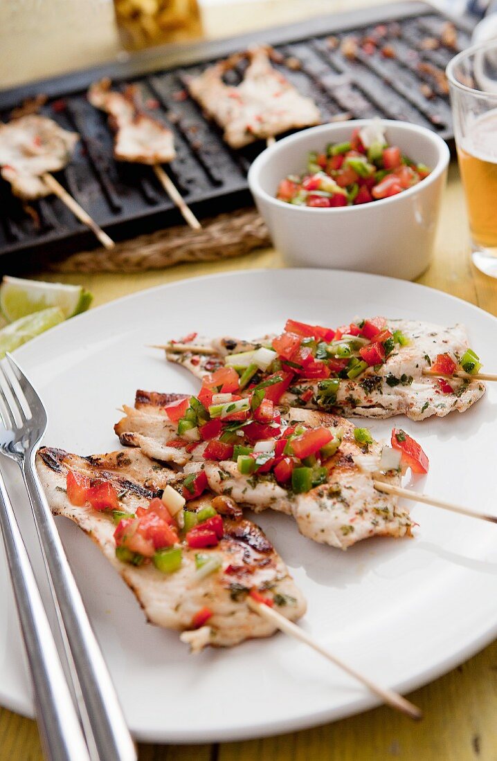 Marinated chicken skewers with salsa (Brazil)