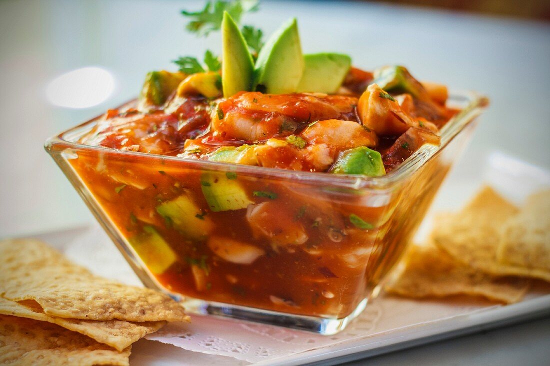 Prawn ceviche with avocado and tortills chips