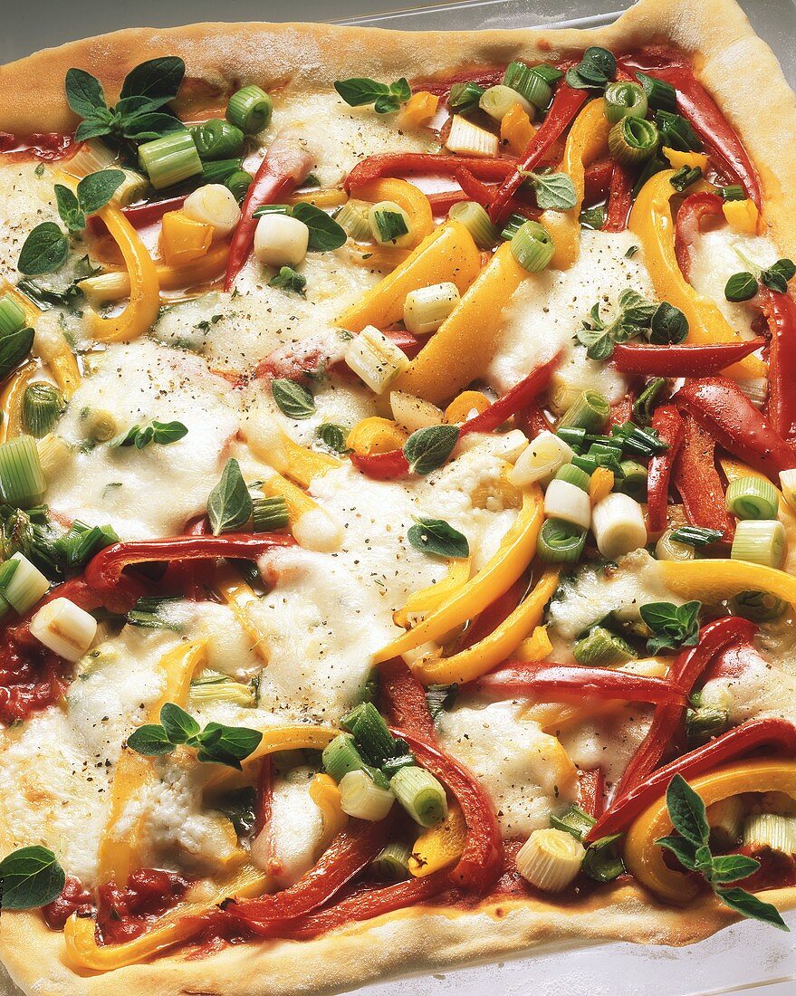 Gemüsepizza (gelbe Paprika, rote Paprika, Frühlingszwiebeln)