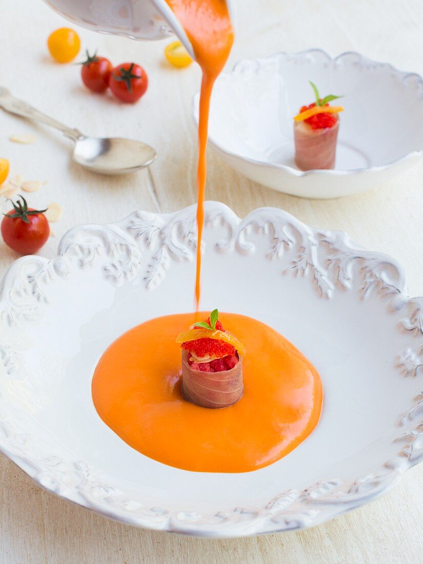 Salmorejo (cold tomato soup) with cherry tomatoes and tuna tartar