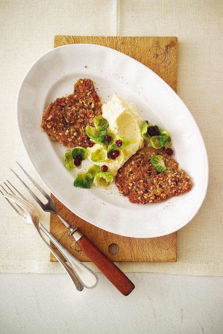 Venison escalope with celery purees and glazed Brussels sprouts
