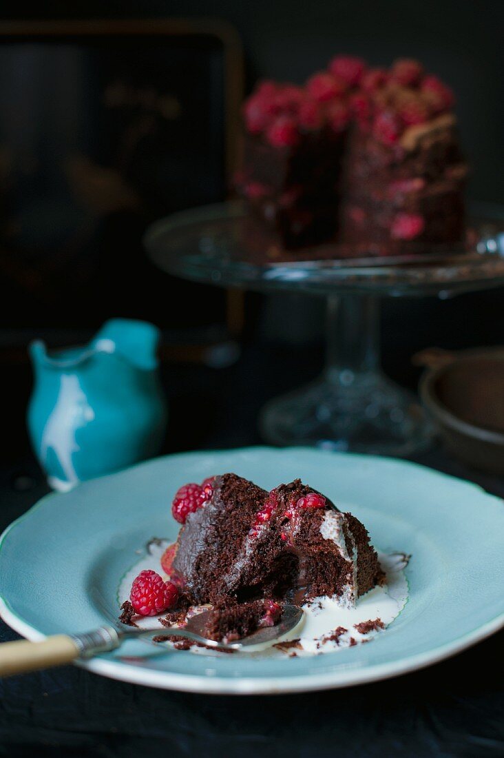 Ein Stück dunkle Schokoladen-Himbeer-Torte, angebissen